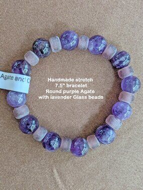 Handmade stretch 7.5" bracelet, Round purple Agate & lavender Glass beads